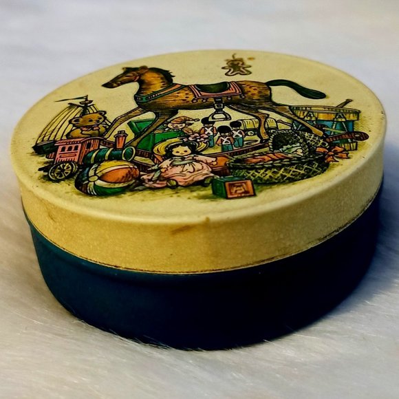 Other - Antique Round Metal Box Rocking Horse and Toys